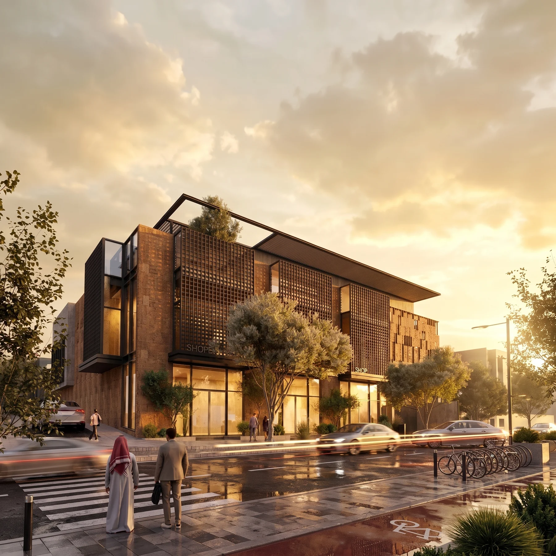 Commercial architecture in golden-hour light