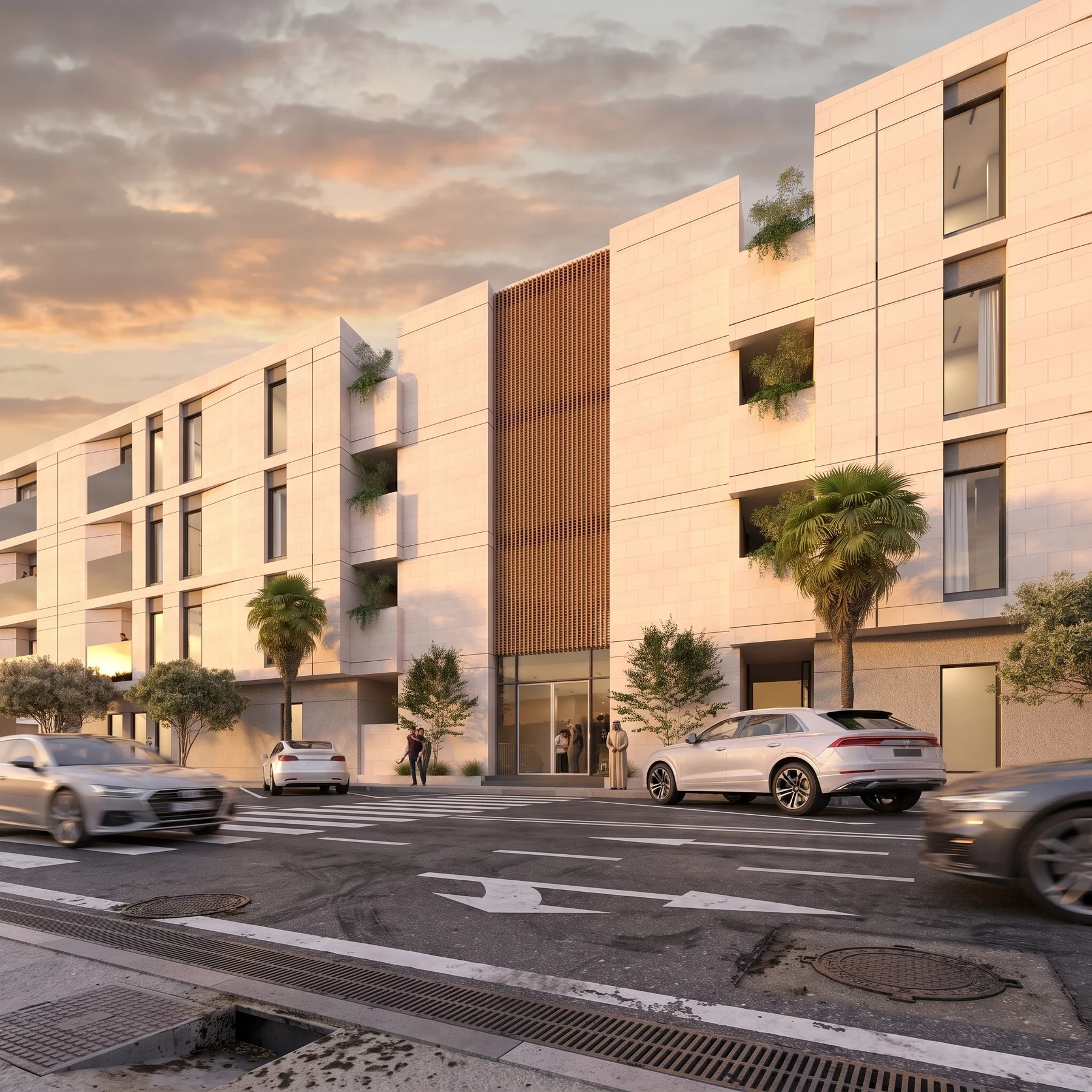 Residential street facade at sunset