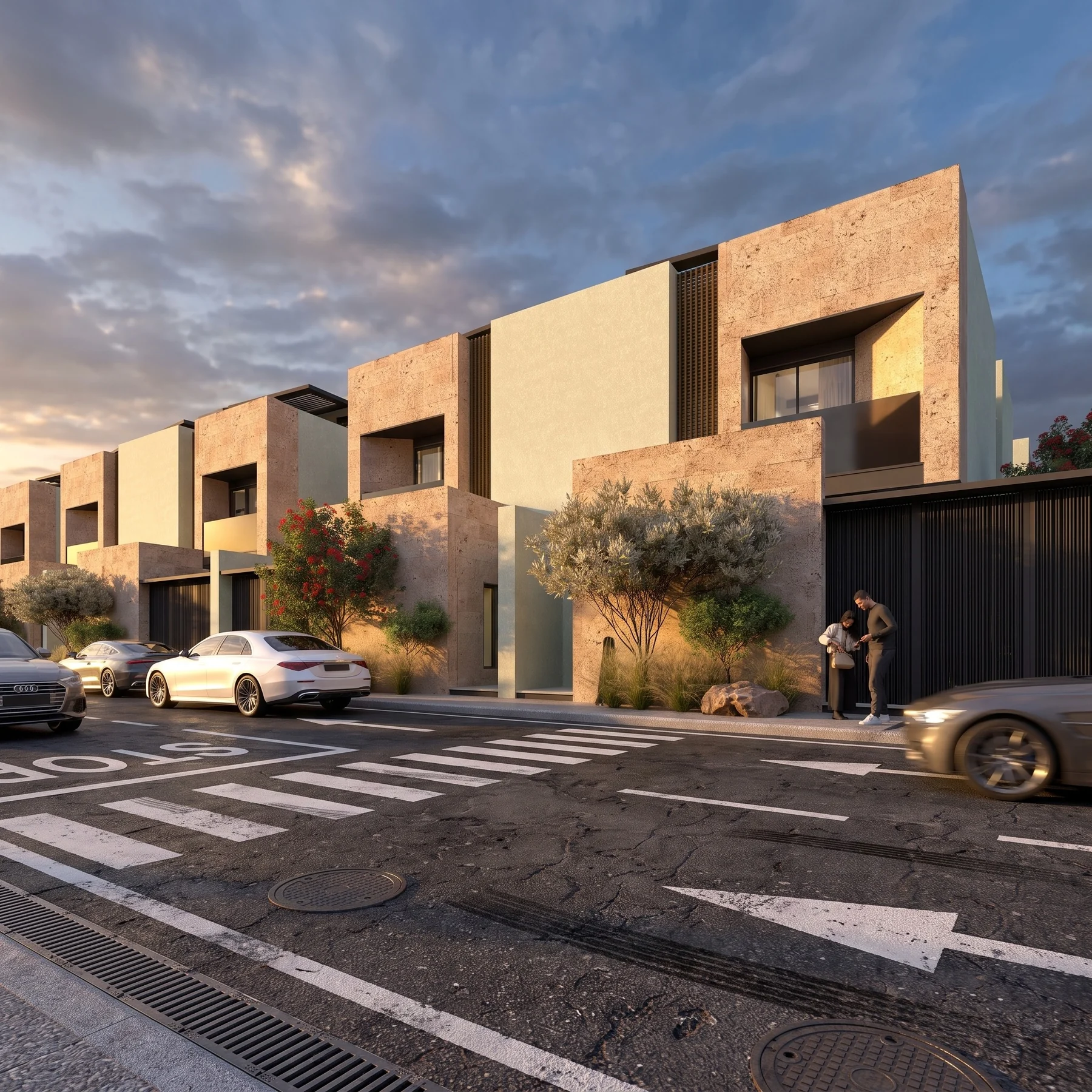 Villa street perspective with warm stone, planting, and evening light